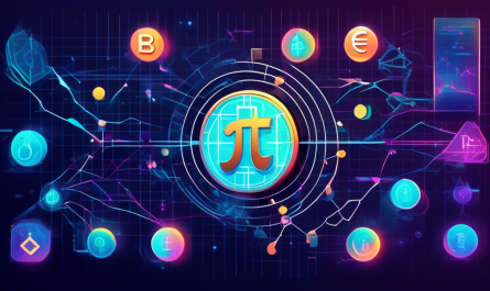 Illustration of a futuristic digital coin inscribed with the Pi symbol, surrounded by holographic charts and graphs showing fluctuating values. In the background, an abstract representation of a blockchain network with interconnected nodes and currency symbols from various cryptos.