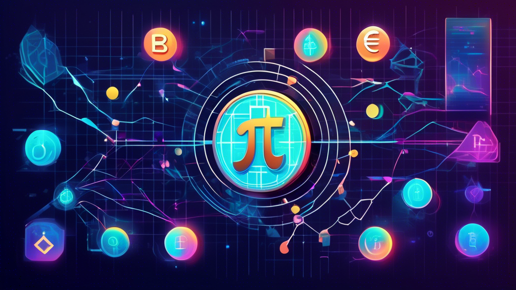 Illustration of a futuristic digital coin inscribed with the Pi symbol, surrounded by holographic charts and graphs showing fluctuating values. In the background, an abstract representation of a blockchain network with interconnected nodes and currency symbols from various cryptos.