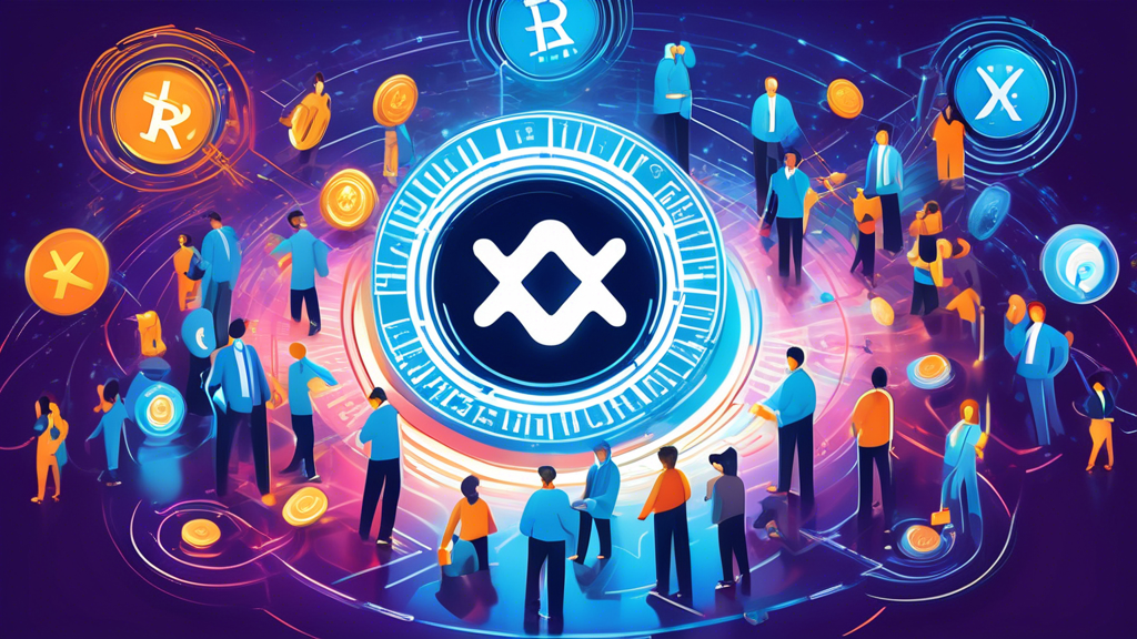 Create a detailed illustration capturing the essence of Ripple (XRP) cryptocurrency's growing popularity. Show a digital coin with the Ripple logo at the center, emanating light and attracting diverse groups of people, including individuals in business suits, tech enthusiasts, and everyday users. Surround this central image with symbols of technology, global transactions, and financial connectivity. Use vibrant colors to convey innovation and dynamism.