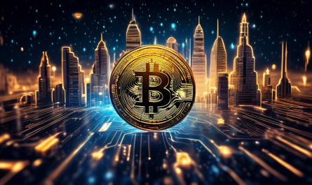 Create a visually captivating image that illustrates the rise of cryptocurrency. Design a futuristic scene with digital coin-like symbols (such as Bitcoin, Ethereum, and other prominent cryptocurrencies) ascending and glowing against a dark, starry sky. Incorporate elements like glowing circuit board patterns, blockchain icons, and stock market graphs in the background to represent technological advancement and financial growth. The overall atmosphere should be dynamic and optimistic, suggesting the increasing impact and adoption of crypto coins in the world.