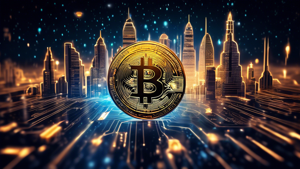 Create a visually captivating image that illustrates the rise of cryptocurrency. Design a futuristic scene with digital coin-like symbols (such as Bitcoin, Ethereum, and other prominent cryptocurrencies) ascending and glowing against a dark, starry sky. Incorporate elements like glowing circuit board patterns, blockchain icons, and stock market graphs in the background to represent technological advancement and financial growth. The overall atmosphere should be dynamic and optimistic, suggesting the increasing impact and adoption of crypto coins in the world.