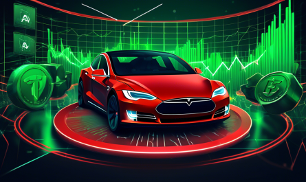 Create an illustration that captures the concept of the volatility of Tesla Coin price. The scene should include a digital coin with the Tesla logo, fluctuating graph lines in the background, and a mixture of bullish (green) and bearish (red) market indicators. Incorporate elements such as a futuristic trading floor, traders looking at screens, and a dynamic, electric aesthetic that reflects the innovative nature of Tesla and cryptocurrency markets.