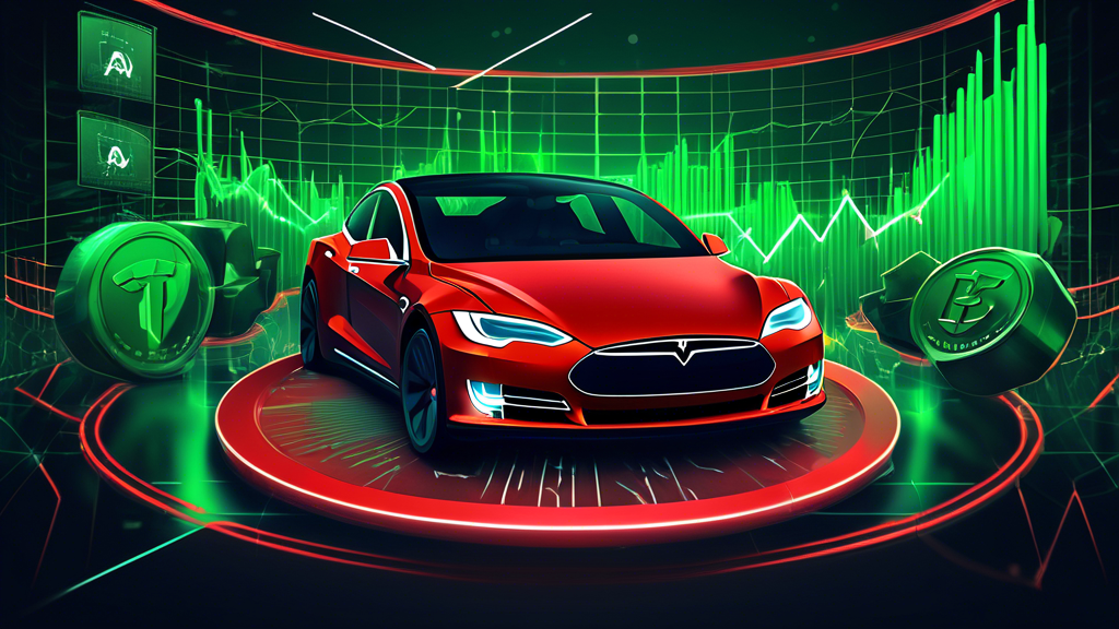 Create an illustration that captures the concept of the volatility of Tesla Coin price. The scene should include a digital coin with the Tesla logo, fluctuating graph lines in the background, and a mixture of bullish (green) and bearish (red) market indicators. Incorporate elements such as a futuristic trading floor, traders looking at screens, and a dynamic, electric aesthetic that reflects the innovative nature of Tesla and cryptocurrency markets.