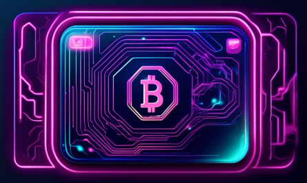 Create an image depicting the futuristic concept of a 'crypto credit card.' Imagine a sleek and modern credit card with a holographic cryptocurrency symbol, such as Bitcoin or Ethereum. The background should feature a vibrant digital landscape with blockchain nodes interconnecting, symbolizing the network. Add a dynamic mix of neon lights and circuit patterns to portray the technological advancement and innovation in finance.