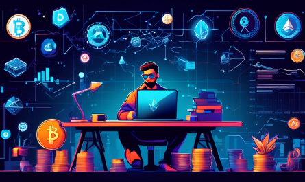 Create an image featuring a person sitting at a desk with a laptop, researching various altcoins. The background should include representations of popular altcoins like Ethereum, Ripple, Litecoin, and Cardano, each with its logo prominently displayed. Include elements of financial growth, charts, and blockchain technology to symbolize the exploration of cryptocurrency beyond Bitcoin.