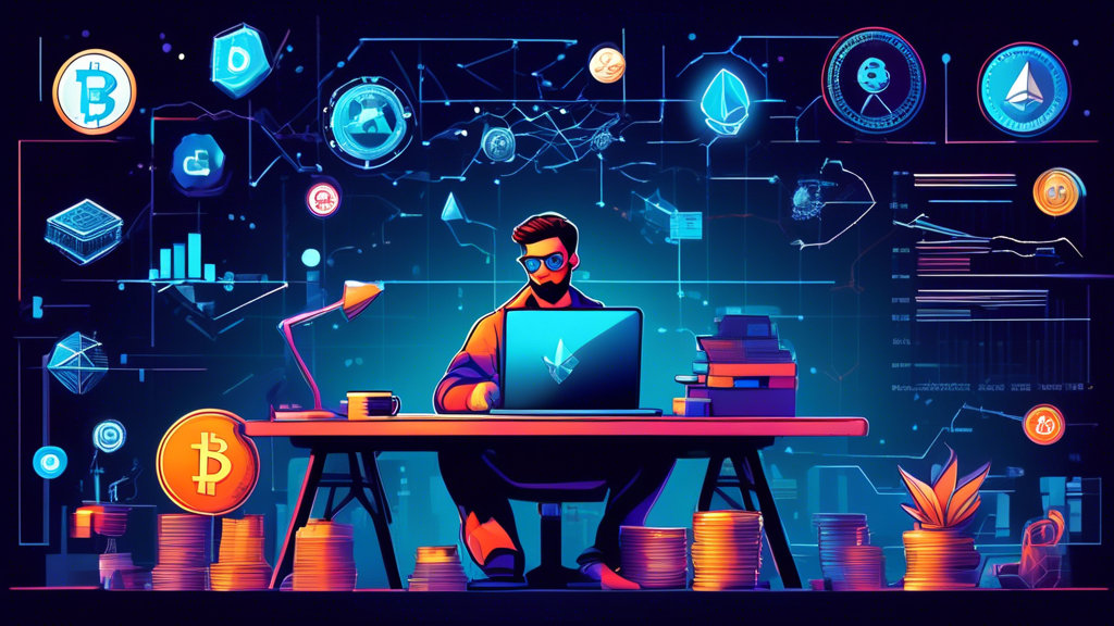 Create an image featuring a person sitting at a desk with a laptop, researching various altcoins. The background should include representations of popular altcoins like Ethereum, Ripple, Litecoin, and Cardano, each with its logo prominently displayed. Include elements of financial growth, charts, and blockchain technology to symbolize the exploration of cryptocurrency beyond Bitcoin.