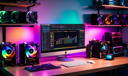 Create an image of a beginner-friendly crypto mining rig setup in a home office. The scene should include a desk with a modern computer, multiple GPUs with colorful LED lights, cooling fans, cables neatly organized, and a monitor displaying mining software. The background should feature motivational posters and a bookshelf with technical manuals. The atmosphere should be bright and inviting, showcasing an organized and enthusiastic space for crypto mining.