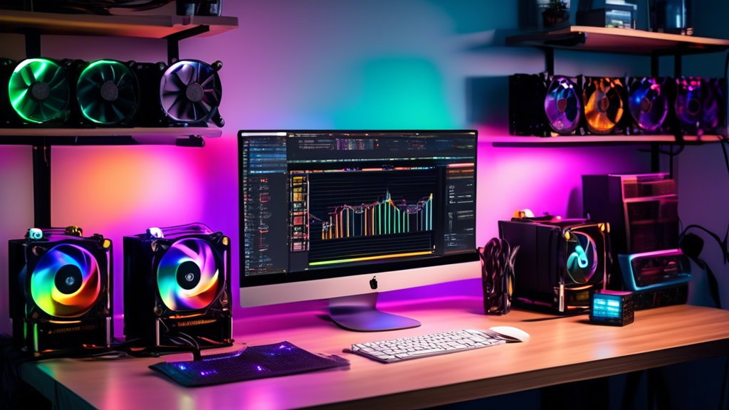 Create an image of a beginner-friendly crypto mining rig setup in a home office. The scene should include a desk with a modern computer, multiple GPUs with colorful LED lights, cooling fans, cables neatly organized, and a monitor displaying mining software. The background should feature motivational posters and a bookshelf with technical manuals. The atmosphere should be bright and inviting, showcasing an organized and enthusiastic space for crypto mining.