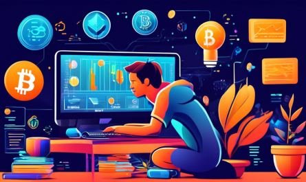 Create a vibrant digital illustration of a beginner-friendly cryptocurrency trading scene: a person sitting at a desk with a computer displaying various crypto charts, books titled 'Crypto Trading for Beginners' and 'Complete Guide', and icons of popular cryptocurrencies like Bitcoin, Ethereum, and Litecoin floating around. Include elements that suggest learning and growth, such as a plant in a pot labeled 'Investment Growth,' sticky notes with trading tips, and a calendar with marked dates for important crypto events.