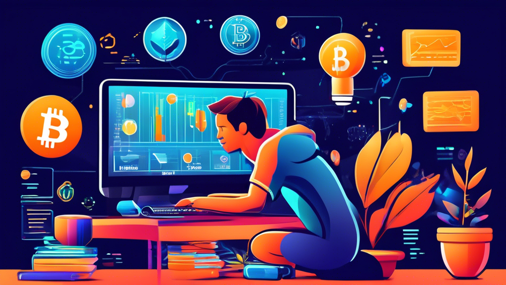 Create a vibrant digital illustration of a beginner-friendly cryptocurrency trading scene: a person sitting at a desk with a computer displaying various crypto charts, books titled 'Crypto Trading for Beginners' and 'Complete Guide', and icons of popular cryptocurrencies like Bitcoin, Ethereum, and Litecoin floating around. Include elements that suggest learning and growth, such as a plant in a pot labeled 'Investment Growth,' sticky notes with trading tips, and a calendar with marked dates for important crypto events.