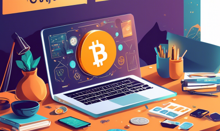 Create an engaging illustration of a friendly guidebook titled 'Crypto for Beginners: A Comprehensive Guide to Getting Started' on a desk, surrounded by various elements such as a laptop displaying cryptocurrency charts, stacks of coins with popular crypto logos (like Bitcoin and Ethereum), educational materials, and a curious person studying at the desk. The scene should feel inviting and informative, with a modern and approachable art style.