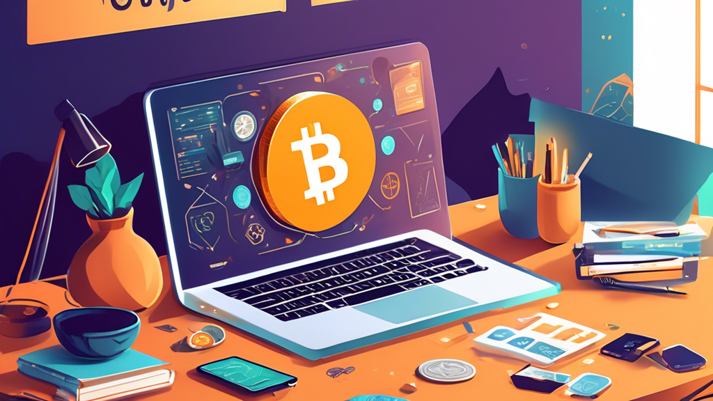 Create an engaging illustration of a friendly guidebook titled 'Crypto for Beginners: A Comprehensive Guide to Getting Started' on a desk, surrounded by various elements such as a laptop displaying cryptocurrency charts, stacks of coins with popular crypto logos (like Bitcoin and Ethereum), educational materials, and a curious person studying at the desk. The scene should feel inviting and informative, with a modern and approachable art style.