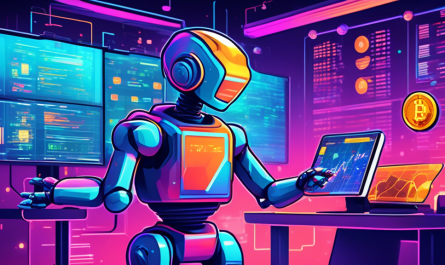 A vibrant, futuristic illustration of a friendly robot guiding a novice trader through the basics of cryptocurrency trading on a digital screen. The scene includes colorful representations of various cryptocurrencies, stock charts, and a modern, user-friendly trading interface. The background features a sleek, high-tech setting that suggests innovation and accessibility.