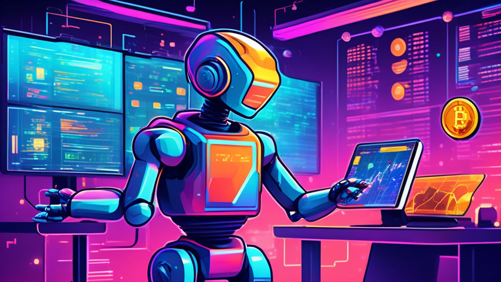 A vibrant, futuristic illustration of a friendly robot guiding a novice trader through the basics of cryptocurrency trading on a digital screen. The scene includes colorful representations of various cryptocurrencies, stock charts, and a modern, user-friendly trading interface. The background features a sleek, high-tech setting that suggests innovation and accessibility.