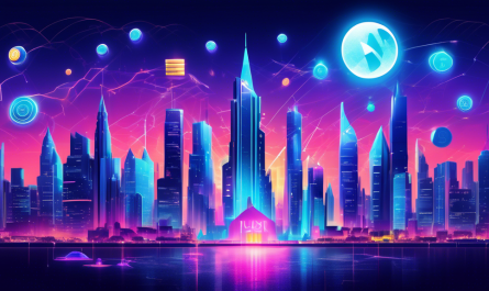 Create a detailed digital illustration of the rise of Luna cryptocurrency. Depict a futuristic cityscape with towering buildings made of blockchain technology symbols and glowing Luna logos. Show a vibrant, dynamic market scene with excited traders and investors analyzing digital charts, while a giant holographic Luna coin ascends into the sky, symbolizing its growth and potential. Incorporate elements of innovation, digital finance, and technology, with a focus on the transformative impact of Luna crypto.