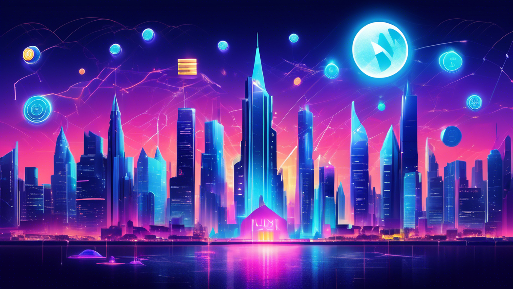 Create a detailed digital illustration of the rise of Luna cryptocurrency. Depict a futuristic cityscape with towering buildings made of blockchain technology symbols and glowing Luna logos. Show a vibrant, dynamic market scene with excited traders and investors analyzing digital charts, while a giant holographic Luna coin ascends into the sky, symbolizing its growth and potential. Incorporate elements of innovation, digital finance, and technology, with a focus on the transformative impact of Luna crypto.