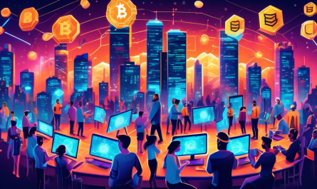 A detailed illustration depicting people from around the world collaborating on free crypto mining, using laptops and smartphones, with digital coins and blockchain symbols glowing around them. The background features a futuristic cityscape with high-tech data centers and servers. The overall atmosphere is energetic and innovative, highlighting the global and accessible nature of free crypto mining.