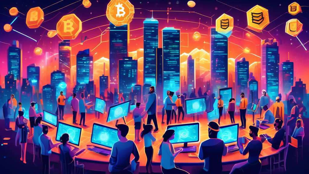 A detailed illustration depicting people from around the world collaborating on free crypto mining, using laptops and smartphones, with digital coins and blockchain symbols glowing around them. The background features a futuristic cityscape with high-tech data centers and servers. The overall atmosphere is energetic and innovative, highlighting the global and accessible nature of free crypto mining.