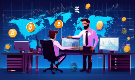 Create an illustration that visually contrasts the Forex market and the cryptocurrency market. On one side, depict traditional Forex elements such as global currencies (USD, EUR, JPY, etc.), graphs, and trading terminals in a professional office setting. On the other side, represent the cryptocurrency market with digital tokens like Bitcoin and Ethereum, blockchain elements, and decentralized finance symbols, all in a more futuristic, tech-savvy environment. Use a central dividing line to separate the two worlds, emphasizing their differences and unique opportunities.