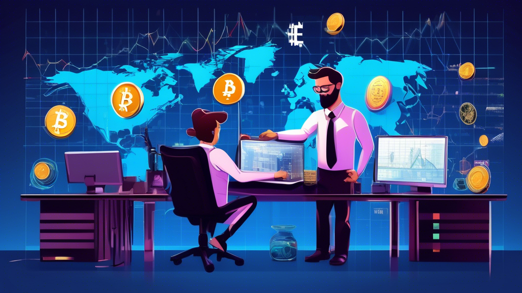 Create an illustration that visually contrasts the Forex market and the cryptocurrency market. On one side, depict traditional Forex elements such as global currencies (USD, EUR, JPY, etc.), graphs, and trading terminals in a professional office setting. On the other side, represent the cryptocurrency market with digital tokens like Bitcoin and Ethereum, blockchain elements, and decentralized finance symbols, all in a more futuristic, tech-savvy environment. Use a central dividing line to separate the two worlds, emphasizing their differences and unique opportunities.