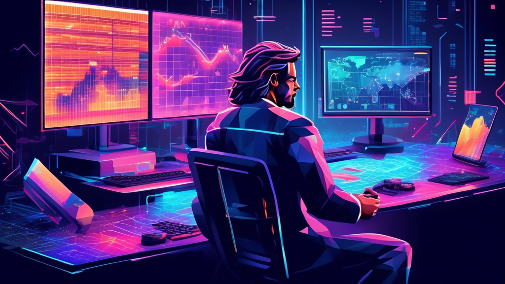 Create an image that depicts the essence of Newton Crypto, showcasing futuristic digital currency trading with advanced technology. Include elements like holographic financial graphs, digital coins, and a bustling virtual trading floor. Emphasize innovation, security, and efficiency.