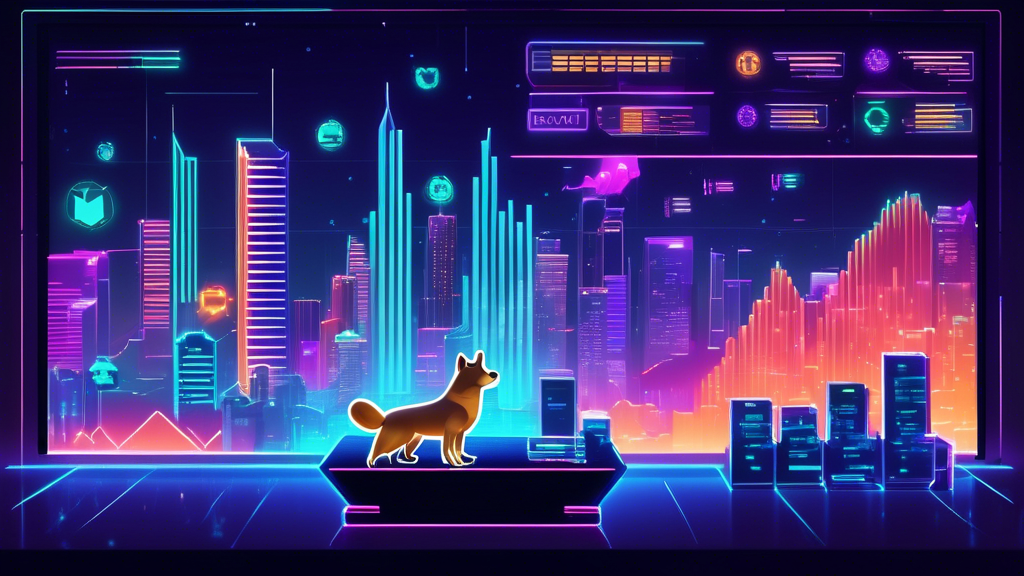 A futuristic digital financial market scene featuring the Shiba Inu Coin logo prominently displayed on a virtual trading screen, with graphical charts and trends indicating the coin's price predictions. In the background, a graph showing upward and downward trends with a city skyline illuminated by neon lights, reflecting a high-tech atmosphere.