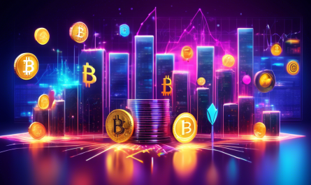 Create a vibrant and futuristic image of various cryptocurrencies like Bitcoin, Ethereum, and Cardano represented as digital coins or symbols, glowing brightly against a backdrop of a dynamic, high-tech trading platform. The scene should convey excitement and potential, with graphs, charts, and upward trending arrows indicating growth. Include elements that suggest decision-making and investment, such as a thoughtful person analyzing data on a holographic screen.