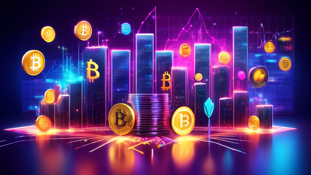 Create a vibrant and futuristic image of various cryptocurrencies like Bitcoin, Ethereum, and Cardano represented as digital coins or symbols, glowing brightly against a backdrop of a dynamic, high-tech trading platform. The scene should convey excitement and potential, with graphs, charts, and upward trending arrows indicating growth. Include elements that suggest decision-making and investment, such as a thoughtful person analyzing data on a holographic screen.