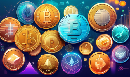 A detailed and vibrant illustration of a diverse collection of coins from various cryptocurrencies and traditional investments, displayed on a sleek, modern background with futuristic elements. Each coin should be highlighted with a digital glow, and the background should include subtle infographics, charts, and upward-pointing arrows to convey growth and investment potential. The year '2023' should be prominently featured in a stylish, futuristic font.