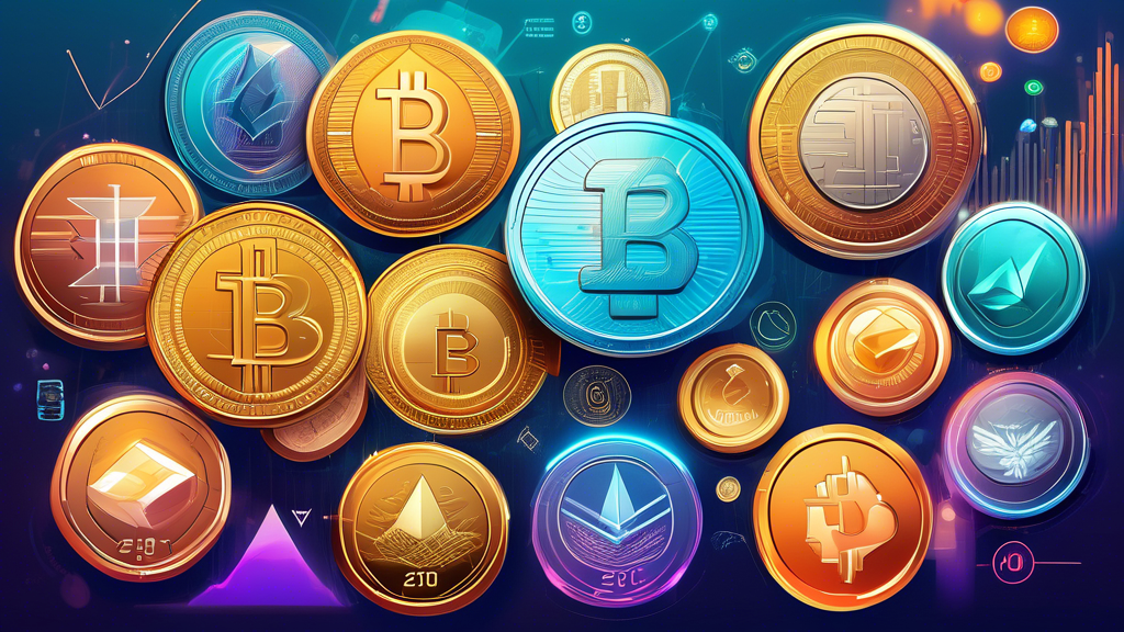 A detailed and vibrant illustration of a diverse collection of coins from various cryptocurrencies and traditional investments, displayed on a sleek, modern background with futuristic elements. Each coin should be highlighted with a digital glow, and the background should include subtle infographics, charts, and upward-pointing arrows to convey growth and investment potential. The year '2023' should be prominently featured in a stylish, futuristic font.