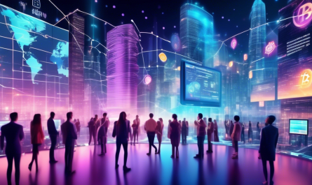 A futuristic digital landscape with sleek, modern interfaces of various crypto websites. Large holographic screens display trending cryptocurrencies, market analysis, and blockchain technology. People in formal and casual attire interact with the screens, showcasing diverse demographics. The background features vibrant city lights, signifying a bustling cyber metropolis. Include logos of popular crypto websites, abstract symbols of cryptocurrencies like Bitcoin and Ethereum, and a sense of both innovation and accessibility.