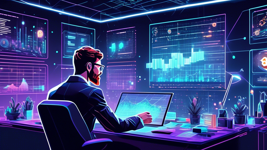 Create an image depicting a futuristic financial analyst in a modern office, surrounded by holographic charts and graphs of top cryptocurrencies recommended for 2023. The space is filled with symbols of popular cryptocurrencies like Bitcoin, Ethereum, and emerging ones, with a transparent touch-screen interface displaying upward trends and expert insights.