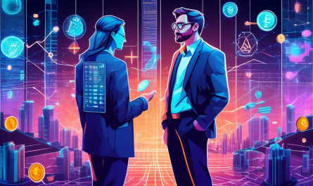 Create an image of a futuristic financial analyst surrounded by holographic charts and graphs, analyzing various trending cryptocurrencies. The background shows an ultra-modern digital cityscape with prominent symbols of popular cryptocurrencies like Bitcoin, Ethereum, and emerging coins. The overall theme should evoke a sense of cutting-edge technology and high potential for gains.