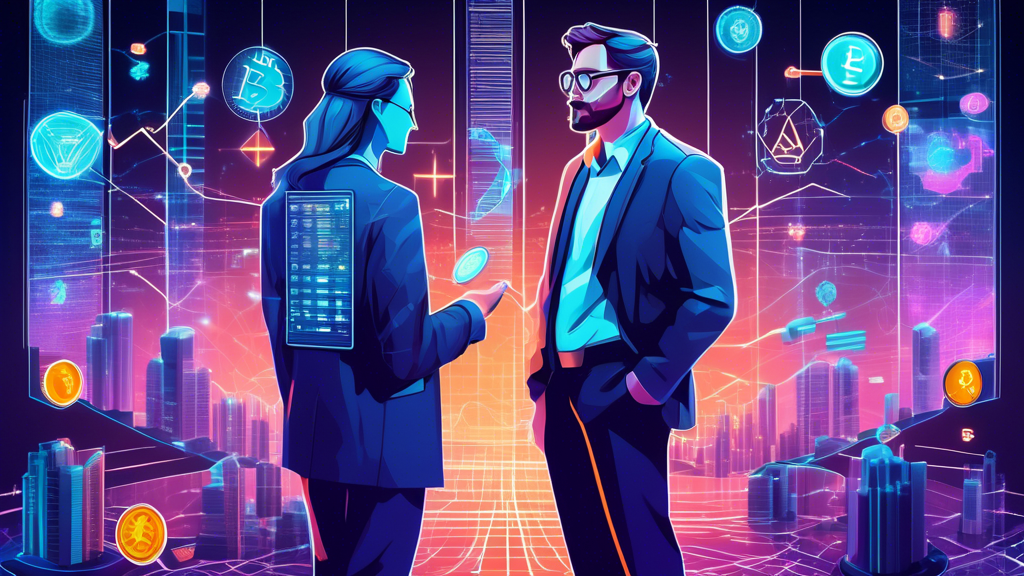 Create an image of a futuristic financial analyst surrounded by holographic charts and graphs, analyzing various trending cryptocurrencies. The background shows an ultra-modern digital cityscape with prominent symbols of popular cryptocurrencies like Bitcoin, Ethereum, and emerging coins. The overall theme should evoke a sense of cutting-edge technology and high potential for gains.