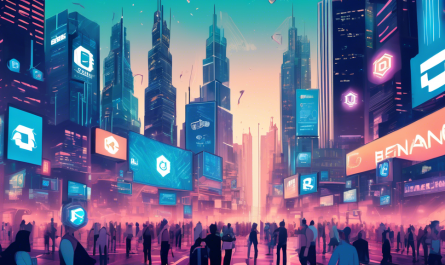 An illustration of a futuristic cityscape with skyscrapers, where prominent US cryptocurrency exchange logos (e.g., Coinbase, Binance.US, Kraken, Gemini) are displayed on large digital billboards. The streets below are bustling with people using smartphones and tablets, engaging in cryptocurrency trading and investment activities. The overall vibe should be modern, tech-savvy, and dynamic.