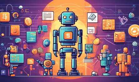 Create an image of a friendly, futuristic robot explaining the basics of Simplex crypto to a diverse group of beginners, featuring simplified blockchain diagrams, coins, and algorithm symbols in the background, with an engaging, educational atmosphere.