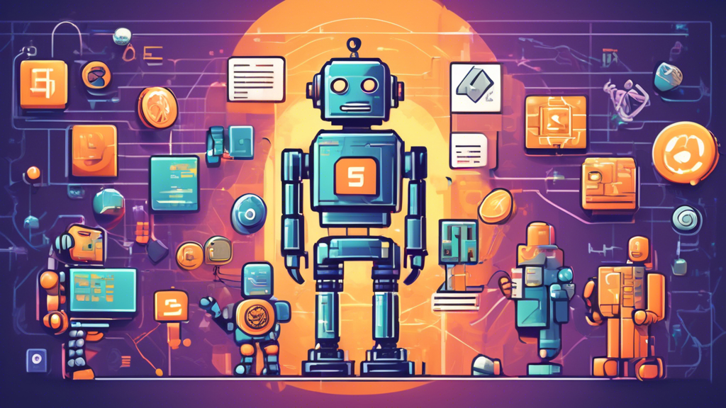 Create an image of a friendly, futuristic robot explaining the basics of Simplex crypto to a diverse group of beginners, featuring simplified blockchain diagrams, coins, and algorithm symbols in the background, with an engaging, educational atmosphere.