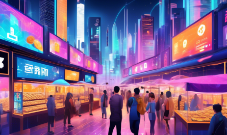 Create an image of a futuristic digital marketplace bustling with activity. Stalls are adorned with colorful signs displaying various cryptocurrency logos, with the Shiba Inu coin prominently featured. In the foreground, a digital screen shows fluctuating prices, and a diverse group of enthusiastic buyers and traders are engaging in transactions using their smartphones. The backdrop should include towering, modern skyscrapers with holographic advertisements highlighting different exchanges where Shiba Inu Coin can be purchased.