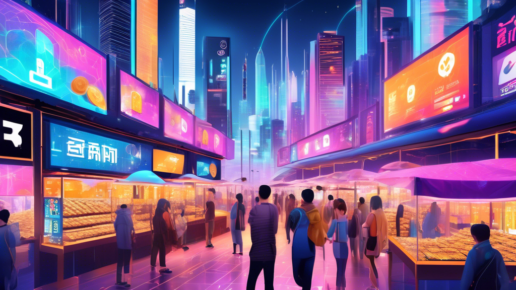 Create an image of a futuristic digital marketplace bustling with activity. Stalls are adorned with colorful signs displaying various cryptocurrency logos, with the Shiba Inu coin prominently featured. In the foreground, a digital screen shows fluctuating prices, and a diverse group of enthusiastic buyers and traders are engaging in transactions using their smartphones. The backdrop should include towering, modern skyscrapers with holographic advertisements highlighting different exchanges where Shiba Inu Coin can be purchased.