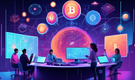 Create an illustration of a futuristic control center with digital screens displaying various cryptocurrency symbols and graphs. In the center, a diverse group of people, including a young woman, an elderly man, and a tech-savvy teenager, are engaged in analyzing the data, making decisions, and interacting with holographic interfaces. The scene should convey a sense of collaboration and technology in the world of crypto trading, with the backdrop of a dynamic cityscape to emphasize the global reach and impact of cryptocurrency platforms.