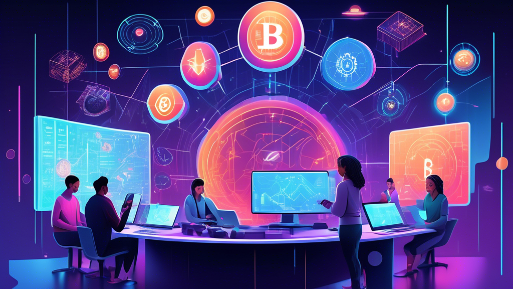 Create an illustration of a futuristic control center with digital screens displaying various cryptocurrency symbols and graphs. In the center, a diverse group of people, including a young woman, an elderly man, and a tech-savvy teenager, are engaged in analyzing the data, making decisions, and interacting with holographic interfaces. The scene should convey a sense of collaboration and technology in the world of crypto trading, with the backdrop of a dynamic cityscape to emphasize the global reach and impact of cryptocurrency platforms.