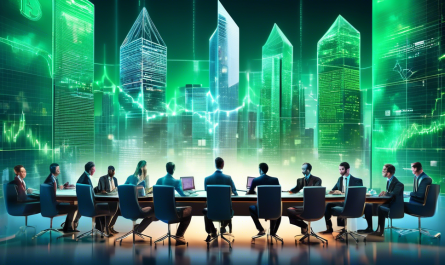 Create an image that visually captures the concept of emerging crypto hedge funds in modern finance. Illustrate a futuristic city skyline with digital LED-style financial tickers displaying cryptocurrency symbols like Bitcoin and Ethereum. In the foreground, depict a diverse group of sophisticated financial professionals in sleek, modern attire, engaged in discussions around a holographic table displaying blockchain networks and green upward-trending graphs. Incorporate elements of cutting-edge technology, like digital assets and virtual reality, to signify the innovative and dynamic nature of this financial trend.