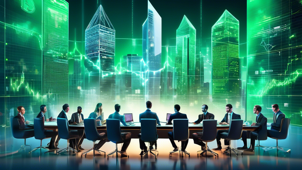 Create an image that visually captures the concept of emerging crypto hedge funds in modern finance. Illustrate a futuristic city skyline with digital LED-style financial tickers displaying cryptocurrency symbols like Bitcoin and Ethereum. In the foreground, depict a diverse group of sophisticated financial professionals in sleek, modern attire, engaged in discussions around a holographic table displaying blockchain networks and green upward-trending graphs. Incorporate elements of cutting-edge technology, like digital assets and virtual reality, to signify the innovative and dynamic nature of this financial trend.