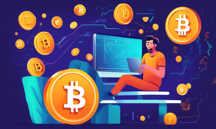 Create an image of a person sitting at a computer with a surprised and excited expression as digital coins and tokens float out of the screen towards them. The background should be filled with symbols of popular cryptocurrencies like Bitcoin, Ethereum, and Dogecoin, symbolizing the concept of receiving free crypto instantly. Add visual elements that suggest a beginner's guide, such as an open instructional book, a checklist, and educational icons like a lightbulb or question mark. The scene should have a modern and digital aesthetic, with bright, eye-catching colors.