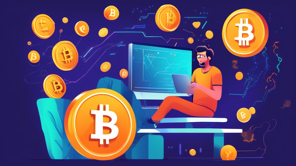 Create an image of a person sitting at a computer with a surprised and excited expression as digital coins and tokens float out of the screen towards them. The background should be filled with symbols of popular cryptocurrencies like Bitcoin, Ethereum, and Dogecoin, symbolizing the concept of receiving free crypto instantly. Add visual elements that suggest a beginner's guide, such as an open instructional book, a checklist, and educational icons like a lightbulb or question mark. The scene should have a modern and digital aesthetic, with bright, eye-catching colors.