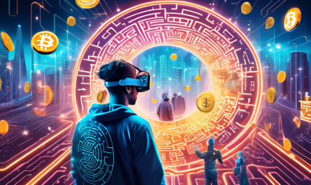 Create an image of a futuristic digital landscape where a person is safely navigating through a maze of glowing cryptocurrency symbols, each representing a different type of coin like Bitcoin, Ethereum, and Litecoin. The person holds a digital shield and wears virtual reality glasses, symbolizing security and awareness. Include dynamic elements like digital locks and security icons hovering in the background, highlighting the theme of earning crypto safely.