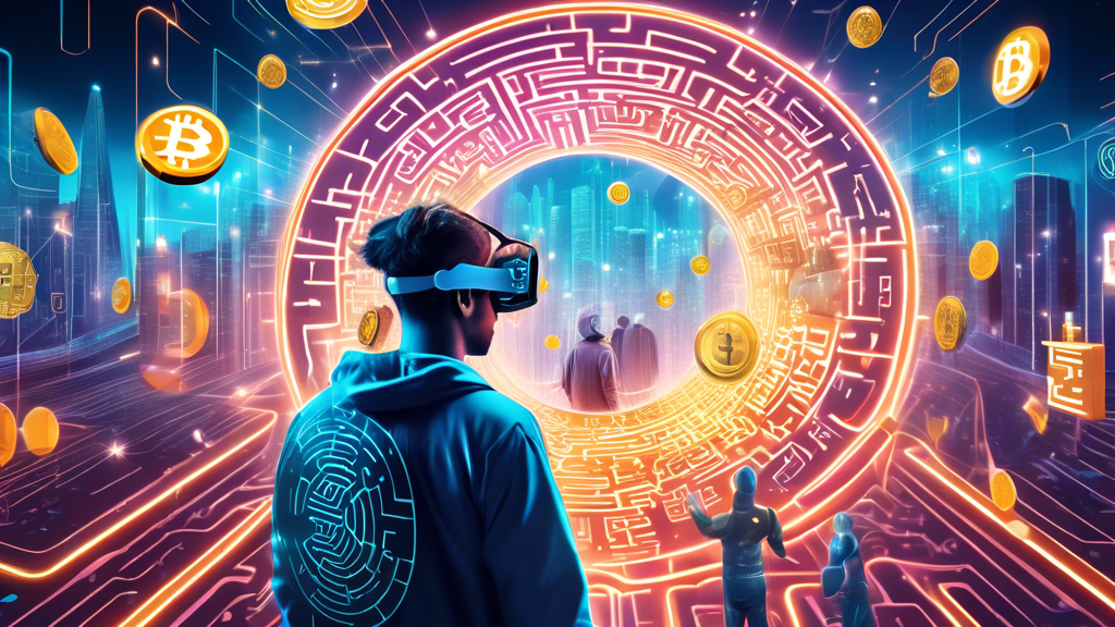 Create an image of a futuristic digital landscape where a person is safely navigating through a maze of glowing cryptocurrency symbols, each representing a different type of coin like Bitcoin, Ethereum, and Litecoin. The person holds a digital shield and wears virtual reality glasses, symbolizing security and awareness. Include dynamic elements like digital locks and security icons hovering in the background, highlighting the theme of earning crypto safely.