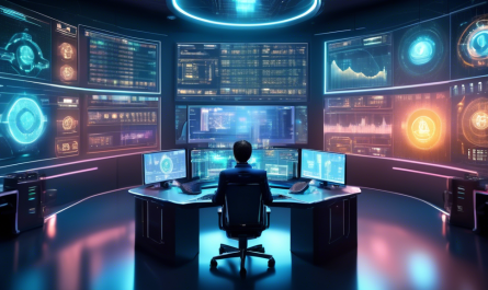 Create an image depicting a futuristic digital control room filled with advanced screens and holograms displaying real-time cryptocurrency market data. In the center, a sophisticated AI-powered trading robot is actively analyzing and executing trades. The atmosphere is dynamic and high-tech, reflecting the theme of automated crypto trading for maximizing profits. Include various cryptocurrencies such as Bitcoin, Ethereum, and others, with fluctuating graphs and indicators. The room is designed to convey efficiency and cutting-edge technology.