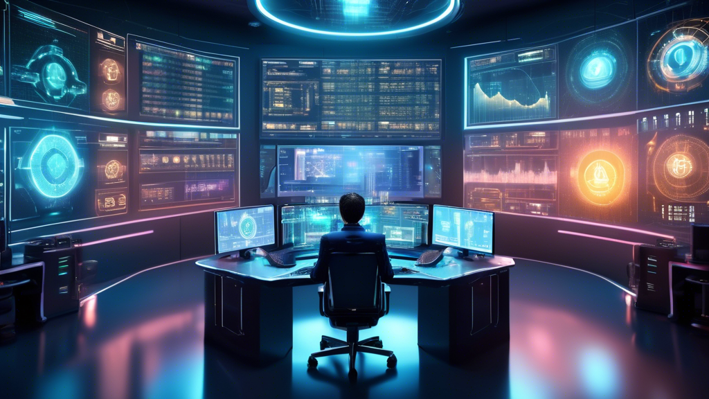 Create an image depicting a futuristic digital control room filled with advanced screens and holograms displaying real-time cryptocurrency market data. In the center, a sophisticated AI-powered trading robot is actively analyzing and executing trades. The atmosphere is dynamic and high-tech, reflecting the theme of automated crypto trading for maximizing profits. Include various cryptocurrencies such as Bitcoin, Ethereum, and others, with fluctuating graphs and indicators. The room is designed to convey efficiency and cutting-edge technology.