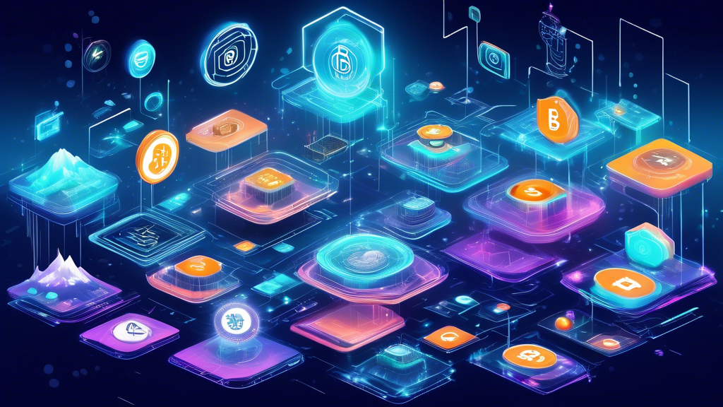 Create an image of a futuristic digital landscape filled with bustling activity, where various floating platforms represent different cryptocurrency exchanges. Each platform should have its distinct logo or symbol, highlighting their unique identities. Incorporate elements such as holographic price tickers, virtual traders interacting with interfaces, and digital currencies like Bitcoin and Ethereum swirling in the air, reflecting the dynamic and technology-driven nature of crypto exchanges in 2023.